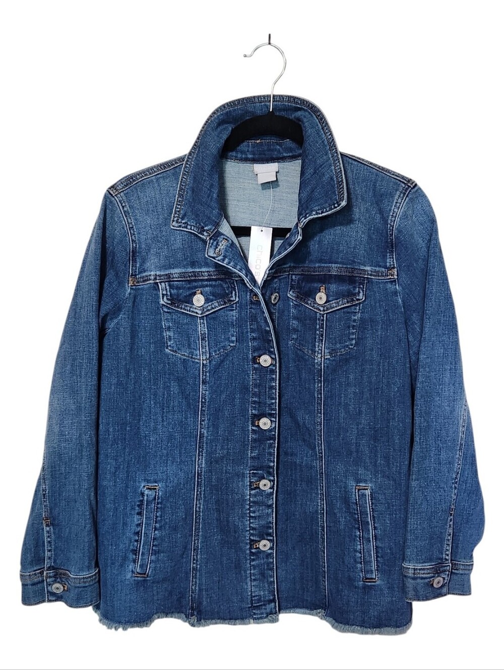 NWT Chico's Mid Length Fray Hem Palace Indigo Stretchy Denim Jacket Size 2P